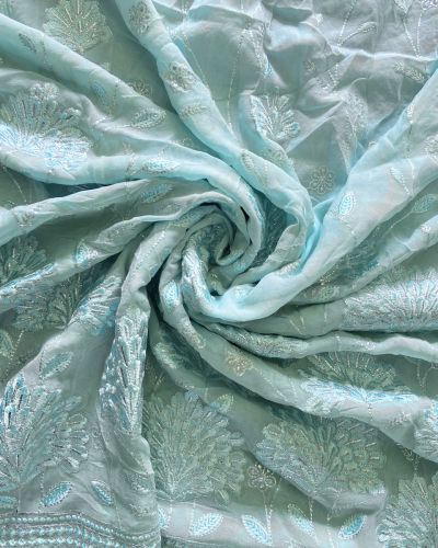 Sky Blue Fabric Thread Embroidery With Silver Mukaish