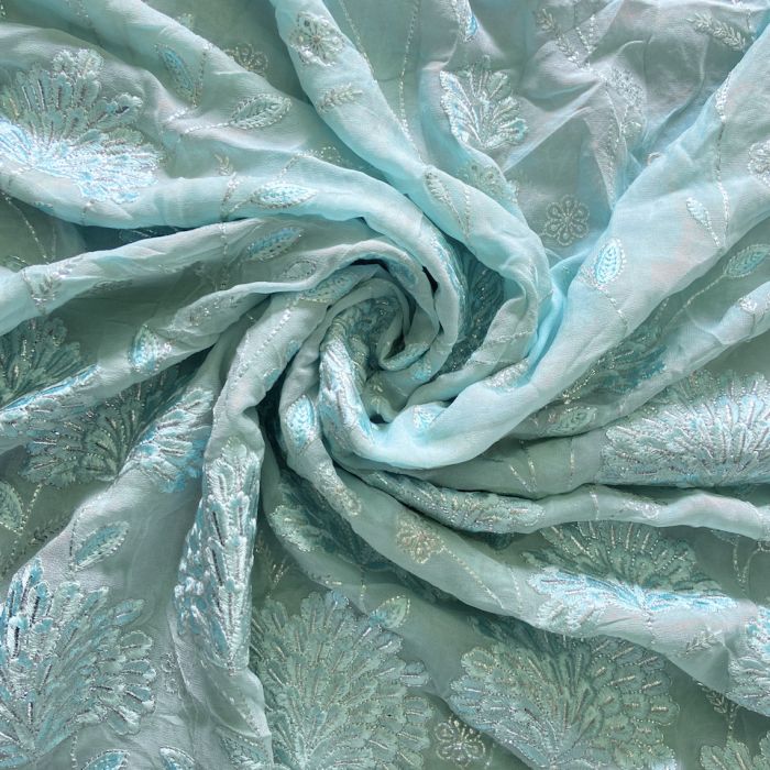 Sky Blue Fabric Thread Embroidery With Silver Mukaish