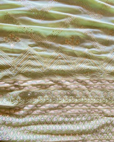 Pishta Green Fabric In White Thread & Sequin Embroidery On Zig Zag Pattern