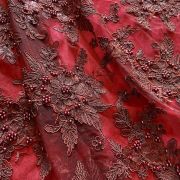 Big Width Imported Maroon Lace Fabric With Pearl Embellishment