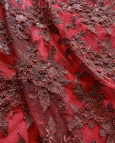 Big Width Imported Maroon Lace Fabric With Pearl Embellishment