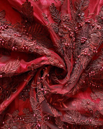 Big Width Imported Maroon Lace Fabric With Pearl Embellishment
