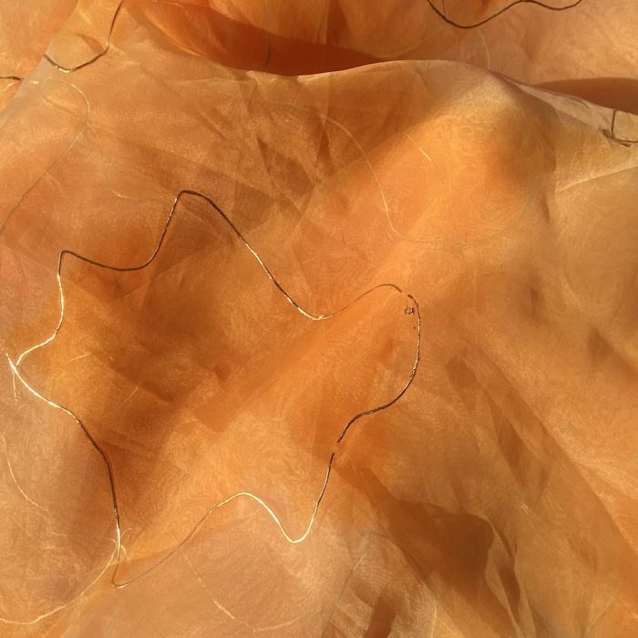 Orange Tie & Dye Shibori Printed With Gold Foil Embroidery Organza Fabric