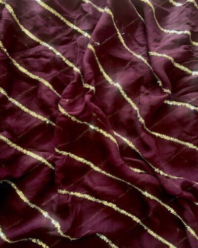 Lehriya Embroidery On Wine Colour Pure Georgette Fabric With Both Side Satin Patti