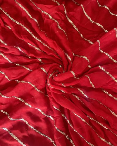 Lehriya Embroidery On Red Pure Georgette Fabric With Both Side Satin Patti