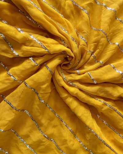 Lehriya Embroidery On Yellow Pure Georgette Fabric With Both Side Satin Patti