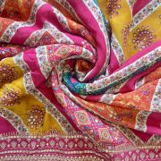 Multicoloured Traditional Printed Fabric With Heavy Border On Pure Chinon