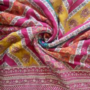 Multicoloured Traditional Printed Fabric With Heavy Border On Pure Chinon