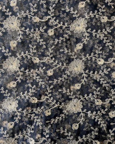 Gold Dori Embroidery In Floral Pattern On Black Net Fabric