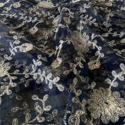 Gold Dori Embroidery In Floral Pattern On Black Net Fabric