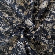 Gold Dori Embroidery In Floral Pattern On Black Net Fabric