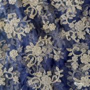 Gold Dori Embroidery In Floral Pattern On Navy Blue Net Fabric