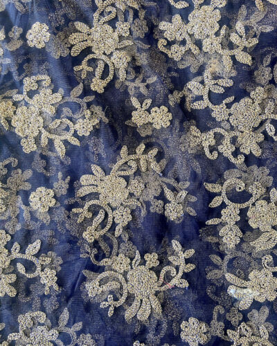 Gold Dori Embroidery In Floral Pattern On Navy Blue Net Fabric