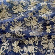 Gold Dori Embroidery In Floral Pattern On Navy Blue Net Fabric