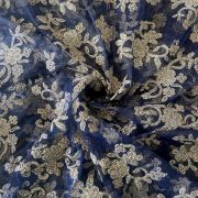 Gold Dori Embroidery In Floral Pattern On Navy Blue Net Fabric