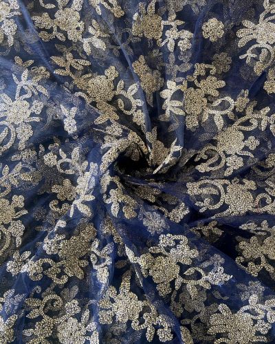 Gold Dori Embroidery In Floral Pattern On Navy Blue Net Fabric