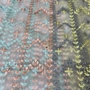 Multicolour Thread And Faux Mirror Embroidery In Panel Pattern On Grey Net Fabric