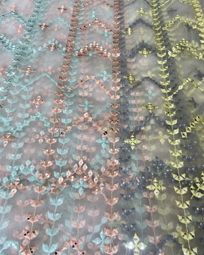 Multicolour Thread And Faux Mirror Embroidery In Panel Pattern On Grey Net Fabric