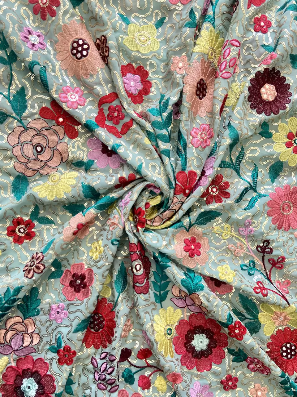 Multicolour Thread & Sequence Embroidery In Floral Pattern On Sky Blue Georgette Fabric