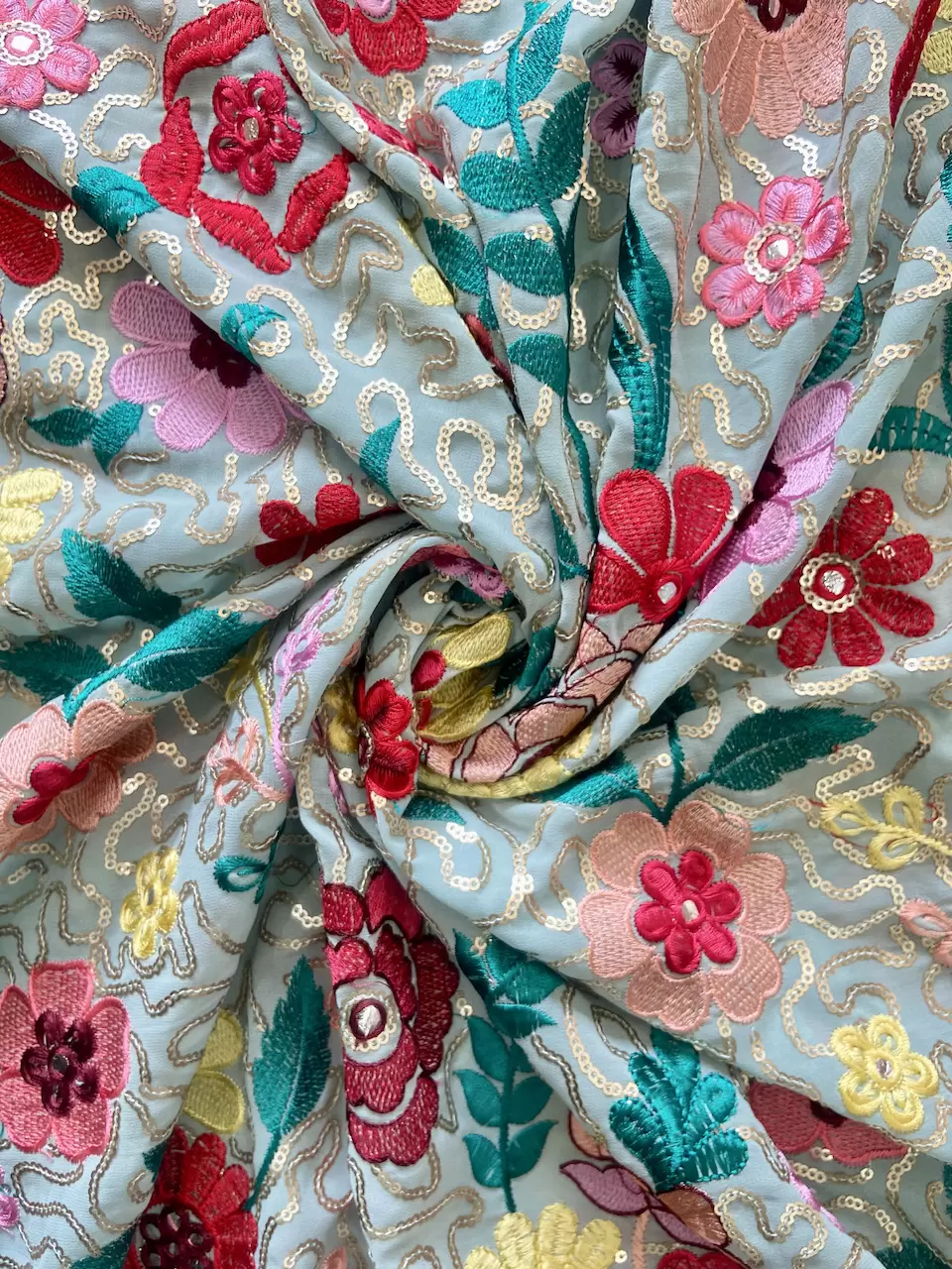 Multicolour Thread & Sequence Embroidery In Floral Pattern On Sky Blue Georgette Fabric