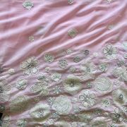 White Thread & Sequence Embroidery In Floral Pattern On Pastel Pink Georgette Fabric