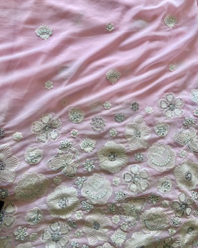 White Thread & Sequence Embroidery In Floral Pattern On Pastel Pink Georgette Fabric