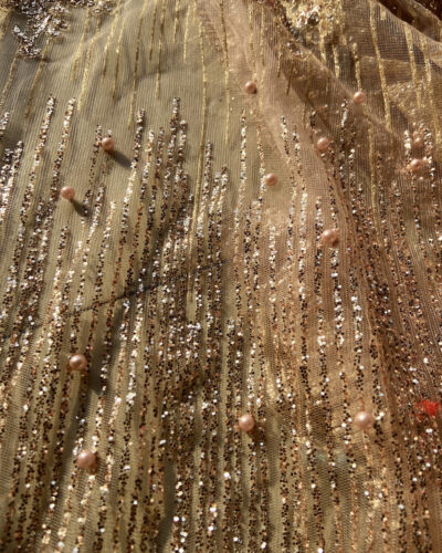 Glitter & Pearl Embellishment On Imported Rose Gold Net Fabric