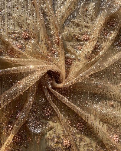 Glitter & Pearl Embellishment On Imported Rose Gold Net Fabric