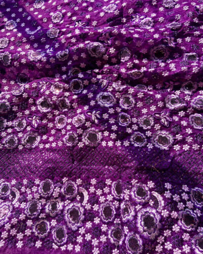 Self Thread & Sequin Embroidery On Floral Pattern In Electric Purple Organza