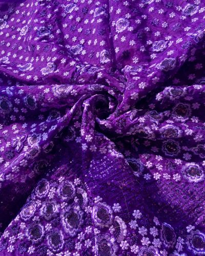 Self Thread & Sequin Embroidery On Floral Pattern In Electric Purple Organza