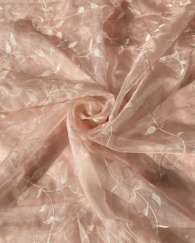 Heavy Tone On Tone Thread & Sequence Embroidery On Pastel Peach Pure Organza