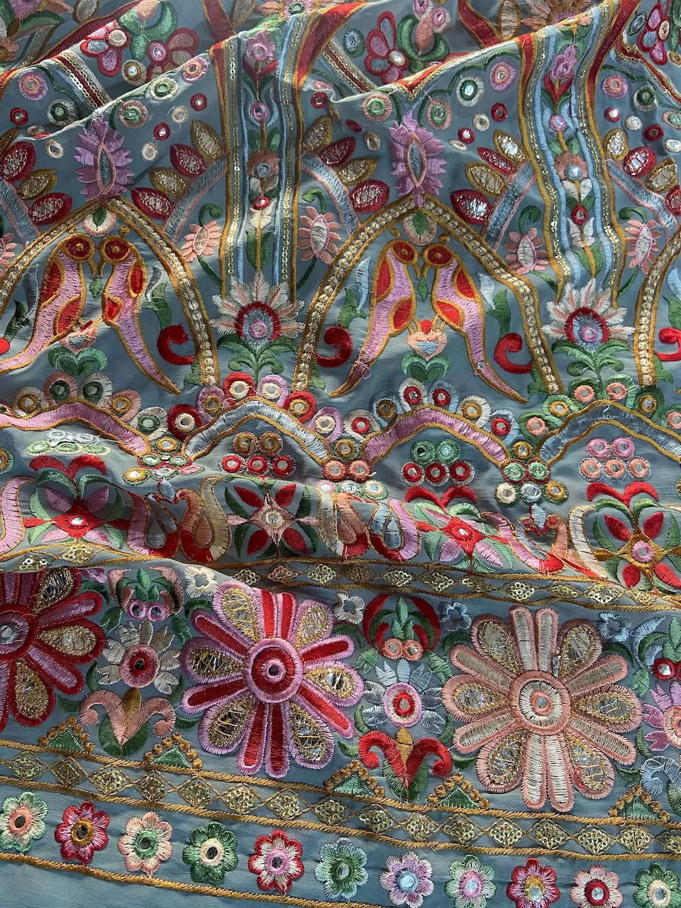 Multicoloured Thread & Faux Mirror Embroidery On Grey Georgette Fabric