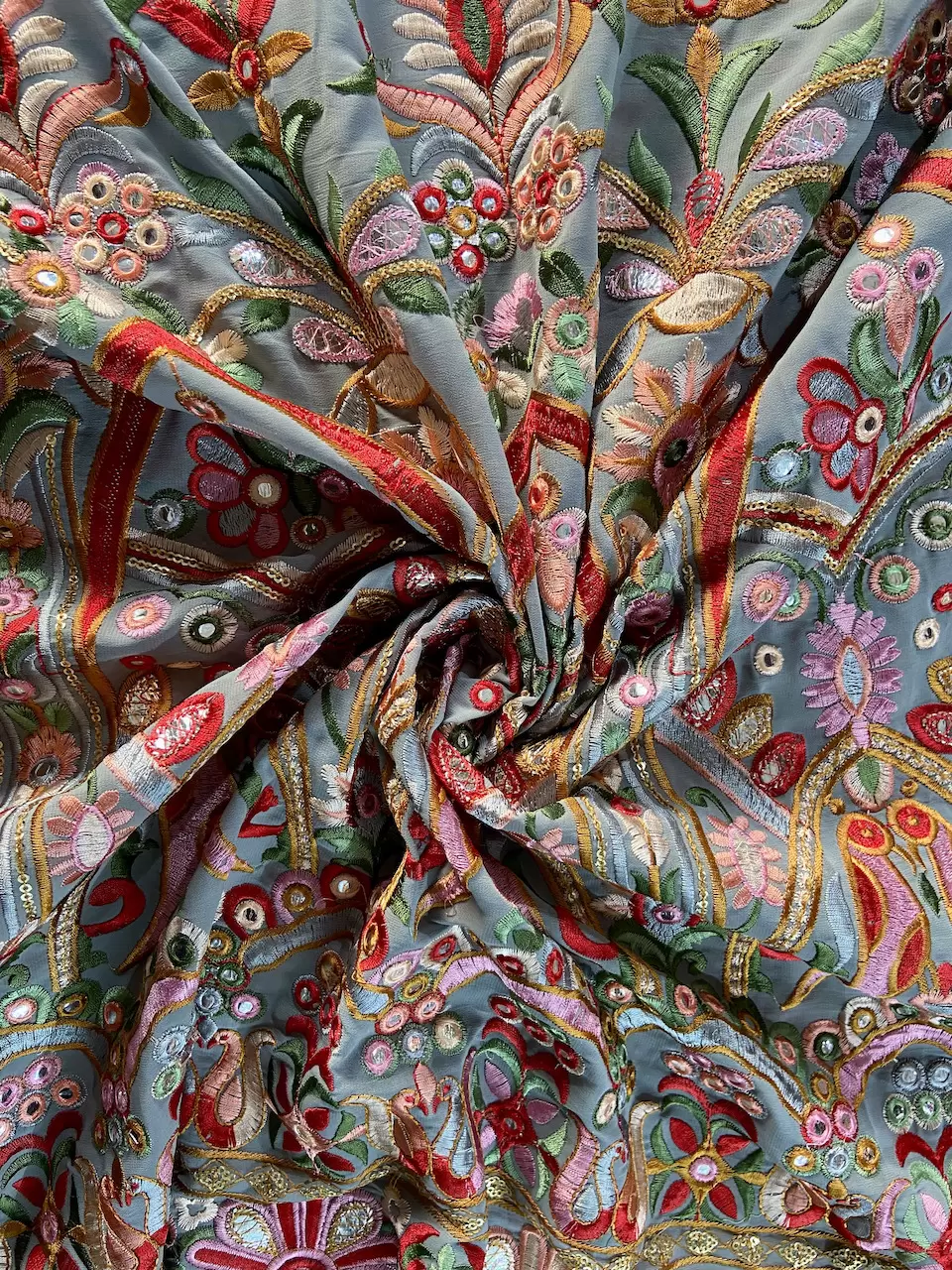 Multicoloured Thread & Faux Mirror Embroidery On Grey Georgette Fabric