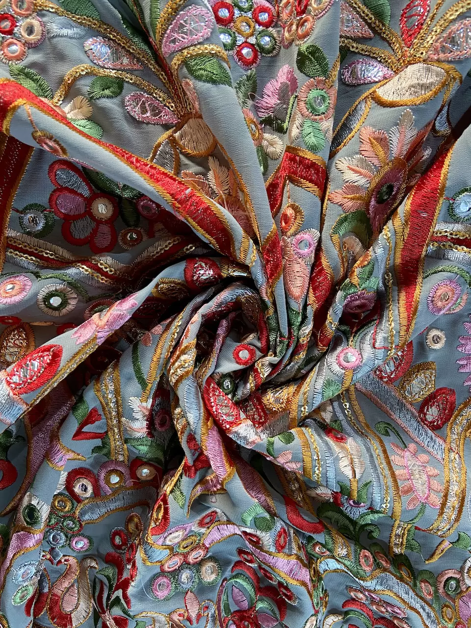 Multicoloured Thread & Faux Mirror Embroidery On Grey Georgette Fabric