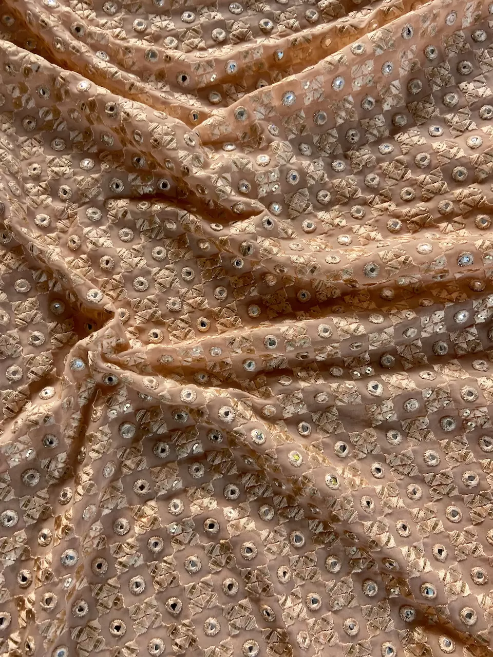 All Over Tone On Tone Thread & Faux Mirror Embroidery On Peach Georgette Fabric