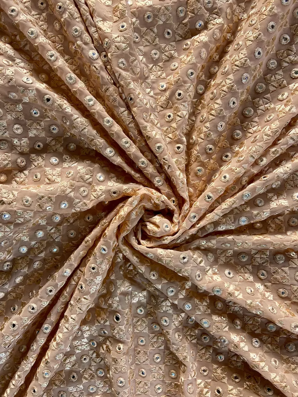 All Over Tone On Tone Thread & Faux Mirror Embroidery On Peach Georgette Fabric