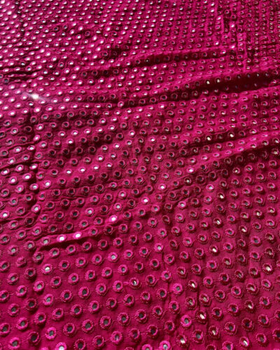 Heavy Faux Mirror Embroidery On Hot Pink Pure Georgette Fabric
