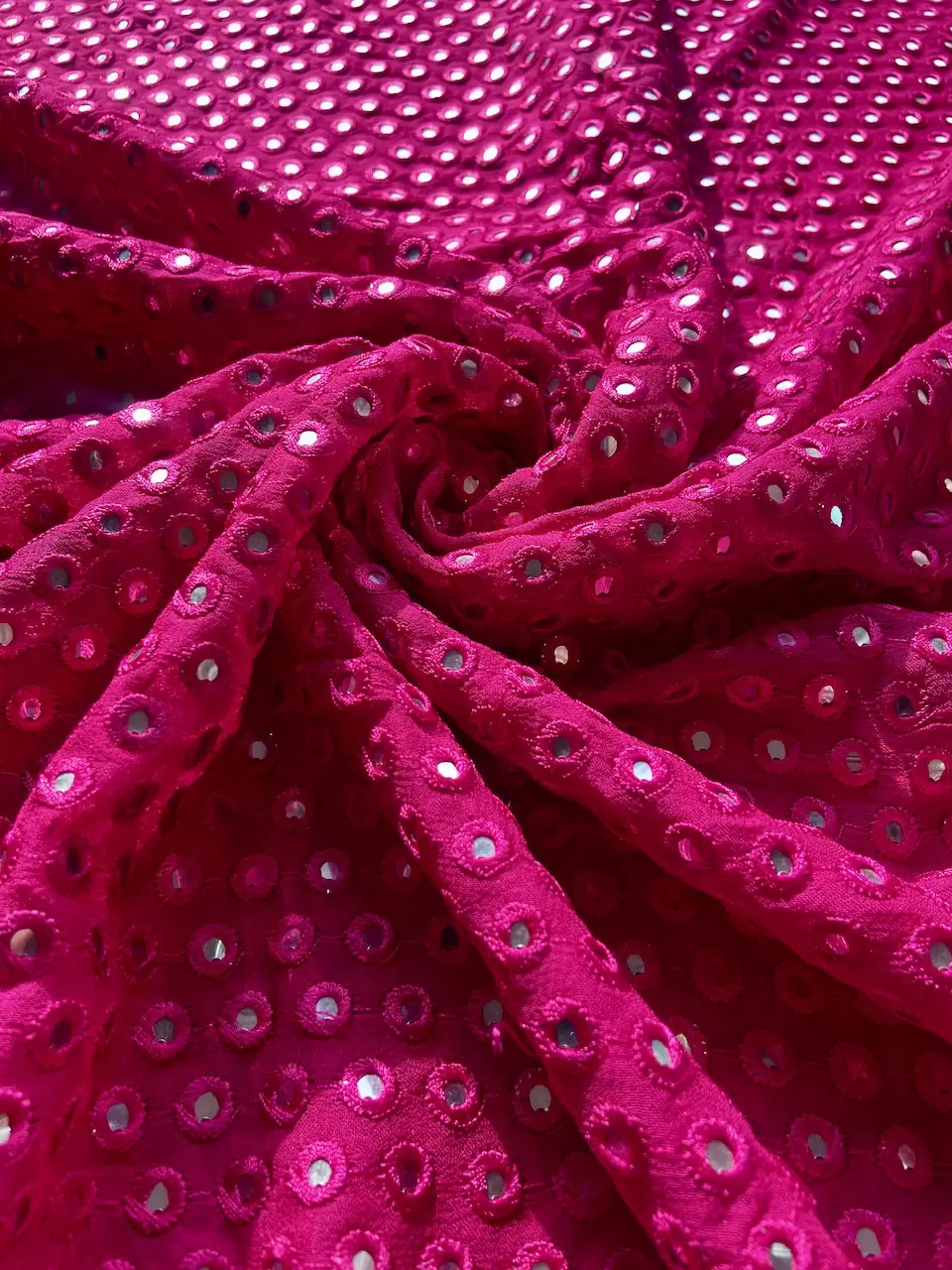 Heavy Faux Mirror Embroidery On Hot Pink Pure Georgette Fabric