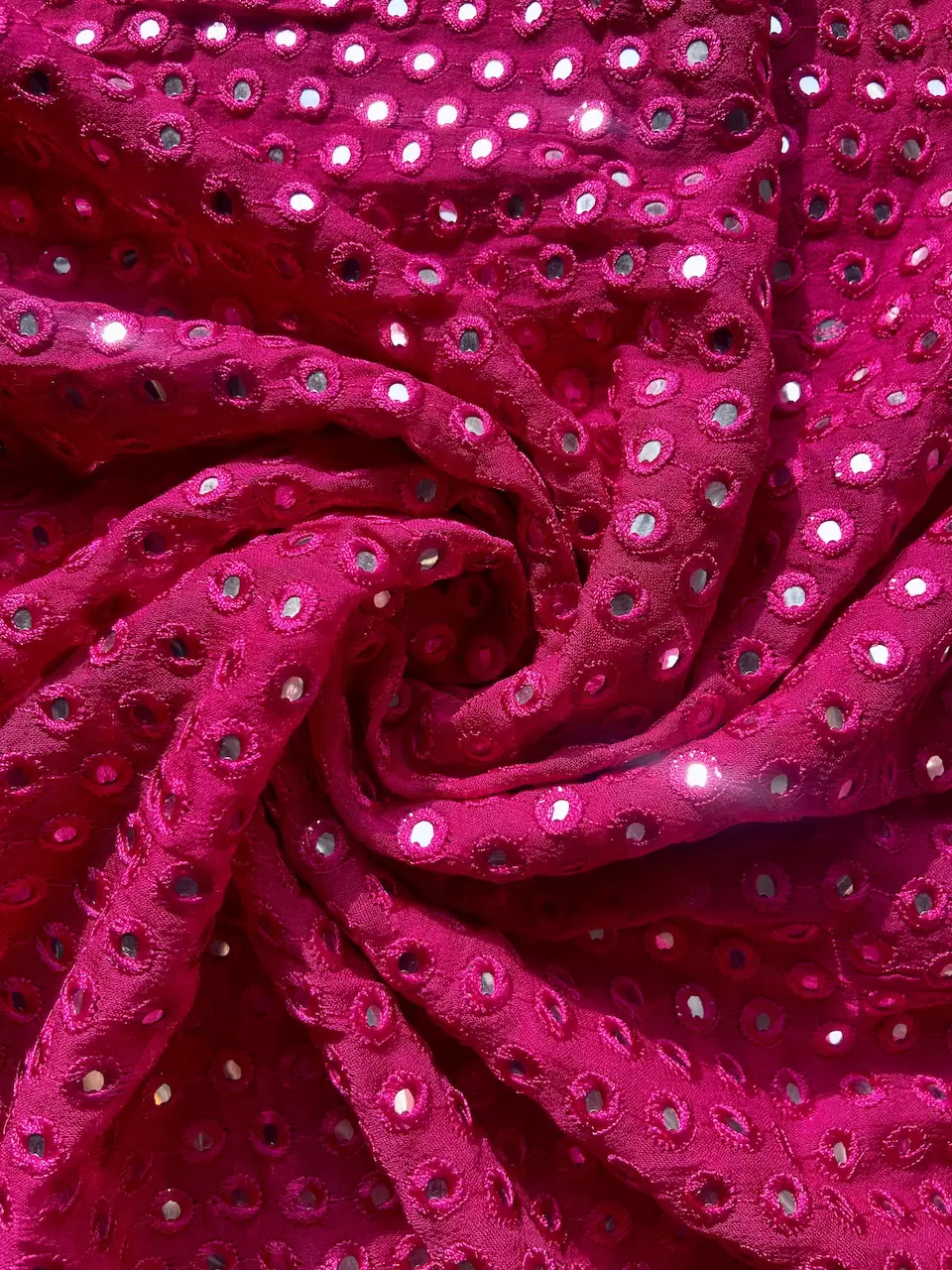 Heavy Faux Mirror Embroidery On Hot Pink Pure Georgette Fabric