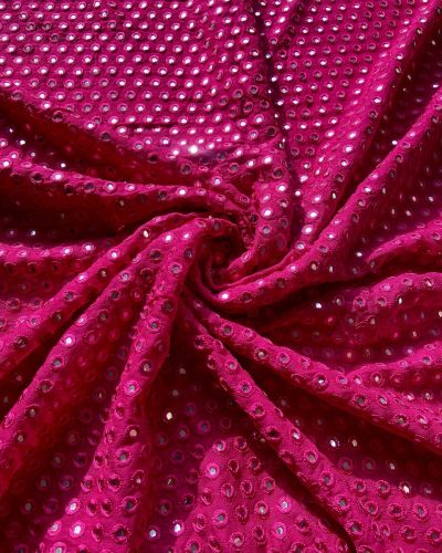 Heavy Faux Mirror Embroidery On Hot Pink Pure Georgette Fabric