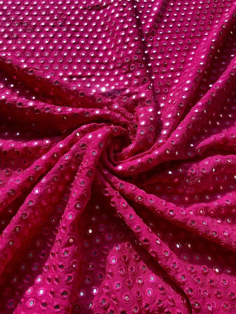 Heavy Faux Mirror Embroidery On Hot Pink Pure Georgette Fabric