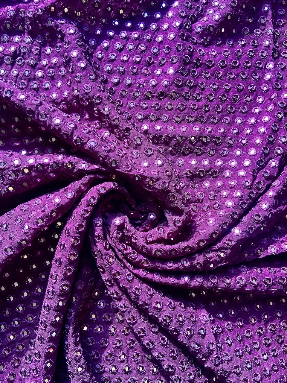 Heavy Faux Mirror Embroidery On Purple Pure Georgette Fabric