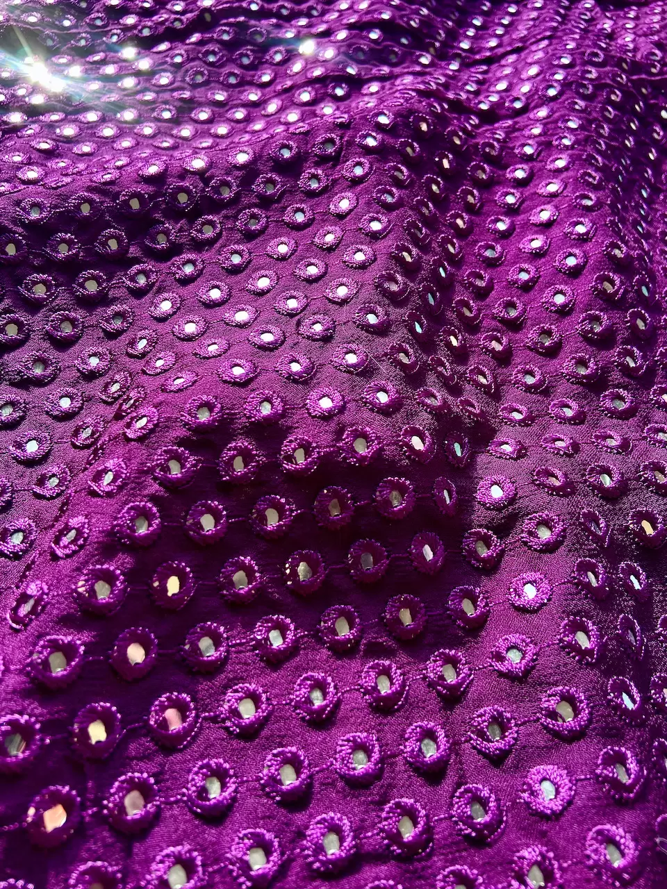 Heavy Faux Mirror Embroidery On Purple Pure Georgette Fabric