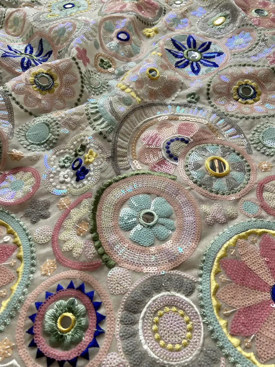 Heavy Multicolour Sequence & Mirror Embroidery On White Pure Organza Tissue Fabric