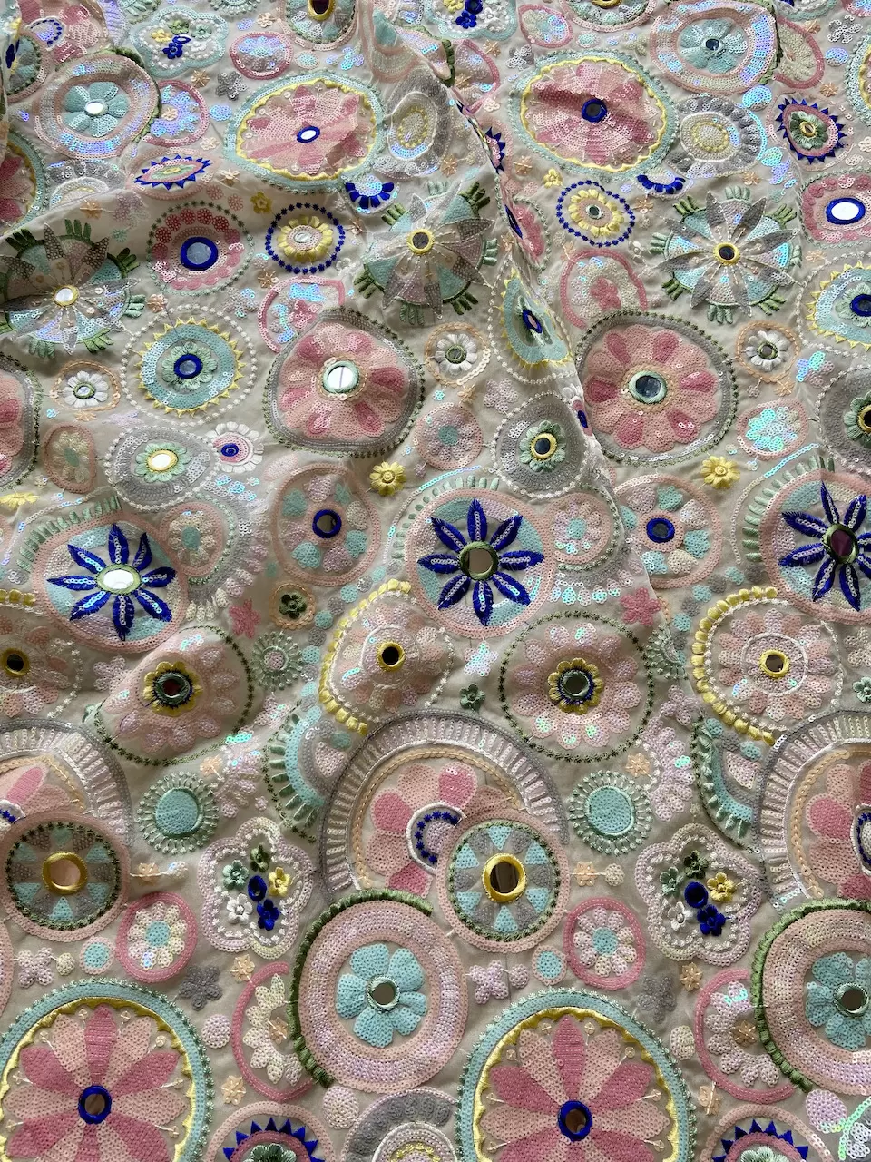 Heavy Multicolour Sequence & Mirror Embroidery On White Pure Organza Tissue Fabric