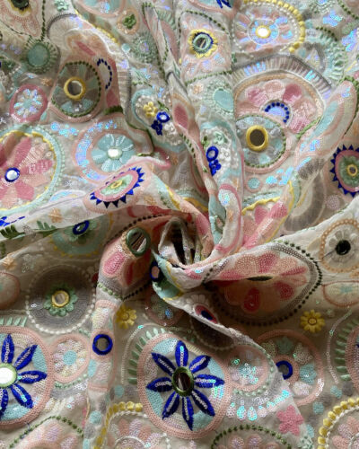 Heavy Multicolour Sequence & Mirror Embroidery On White Pure Organza Tissue Fabric