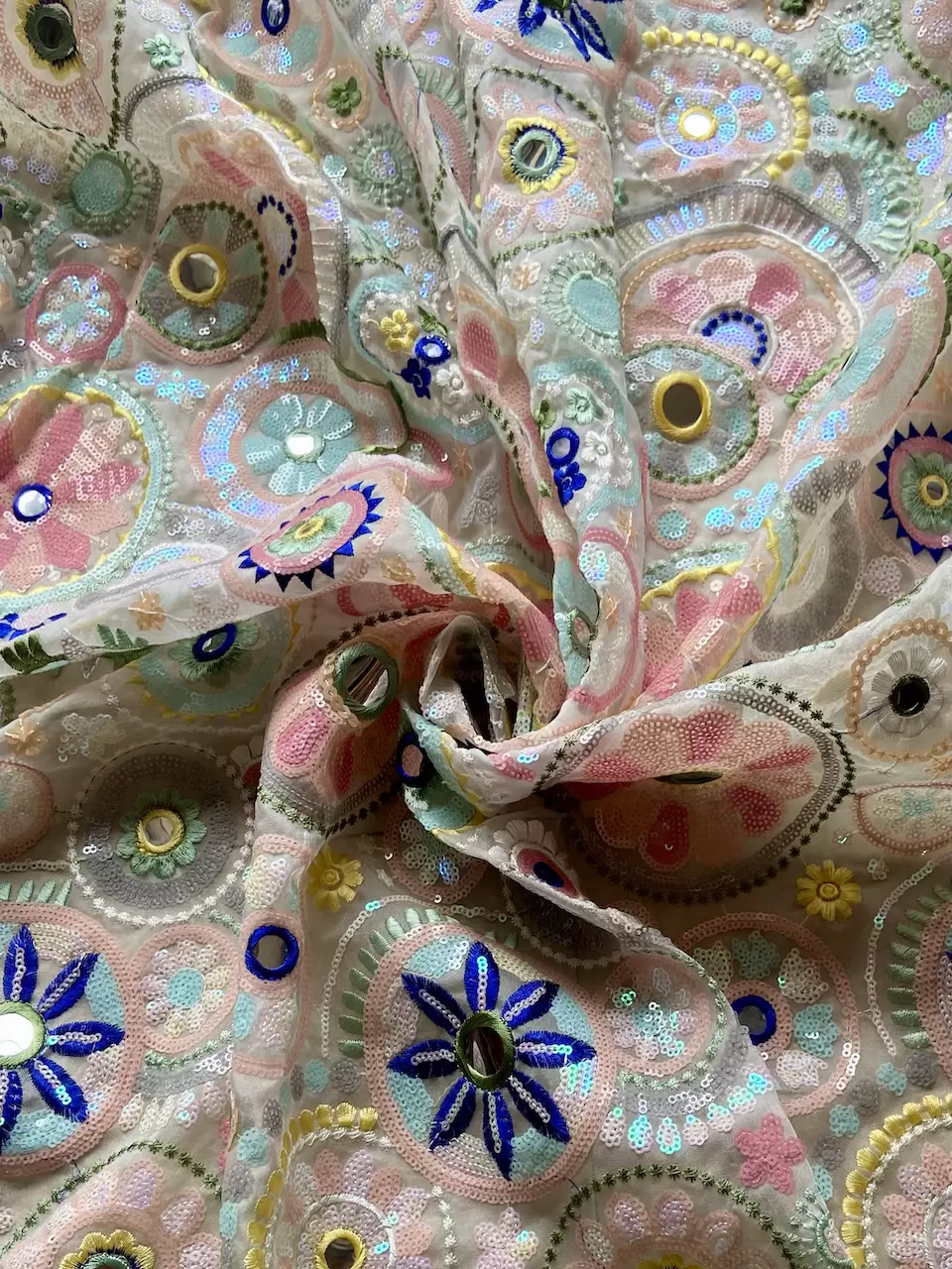 Heavy Multicolour Sequence & Mirror Embroidery On White Pure Organza Tissue Fabric