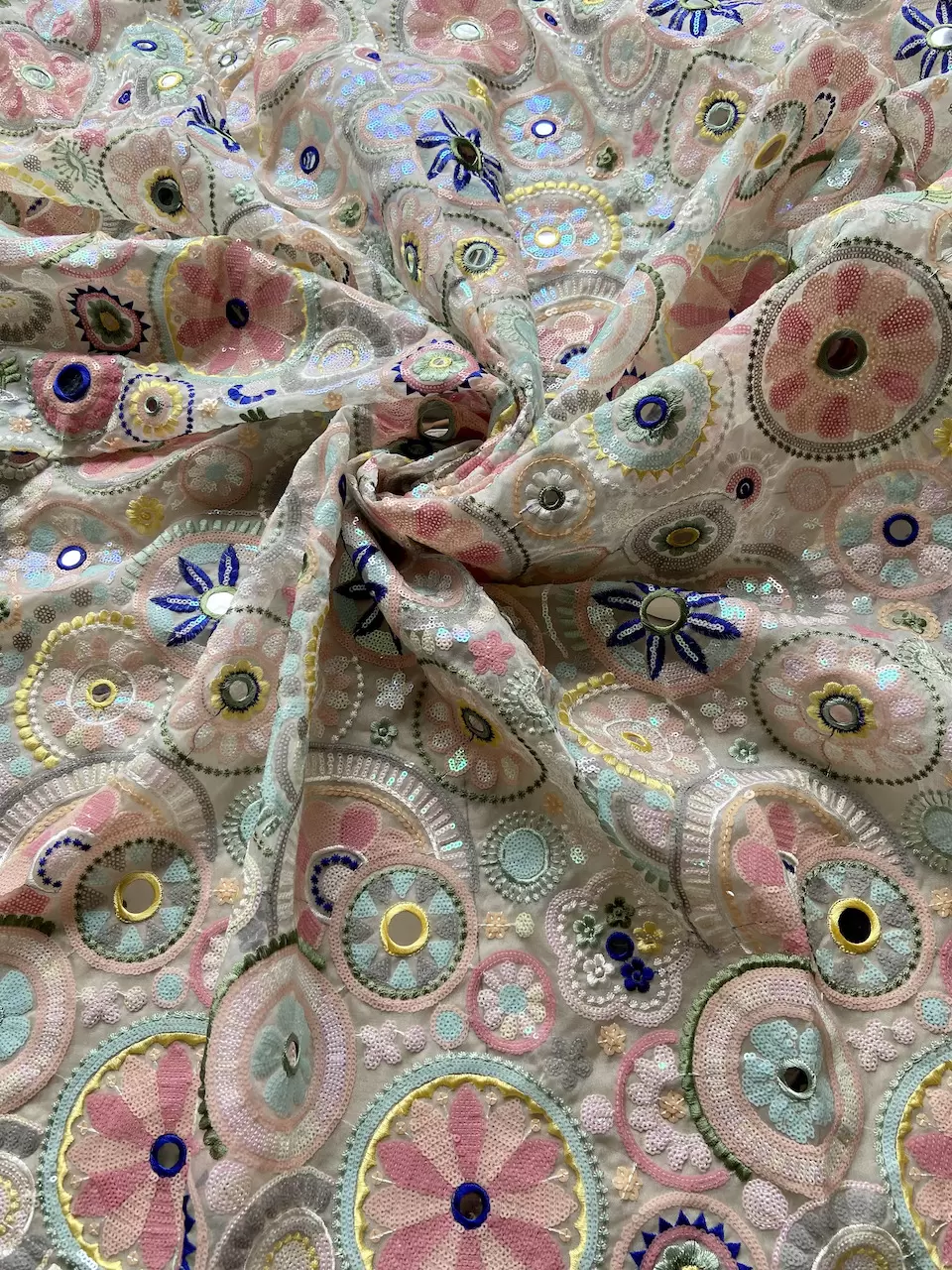 Heavy Multicolour Sequence & Mirror Embroidery On White Pure Organza Tissue Fabric