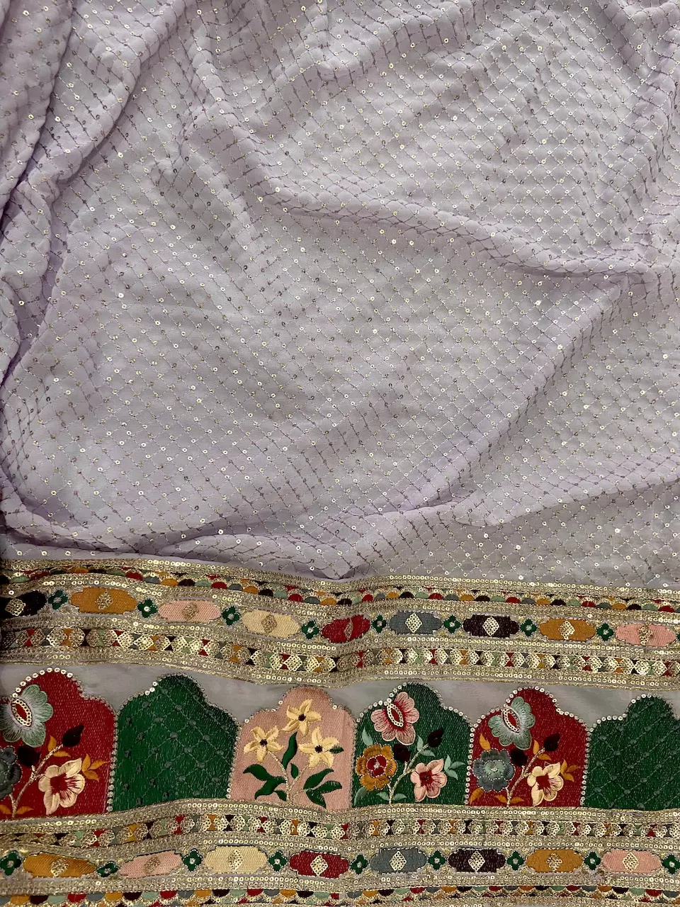 All Over Sequence With Heavy Multicolour Border On Lavender Georgette Fabric