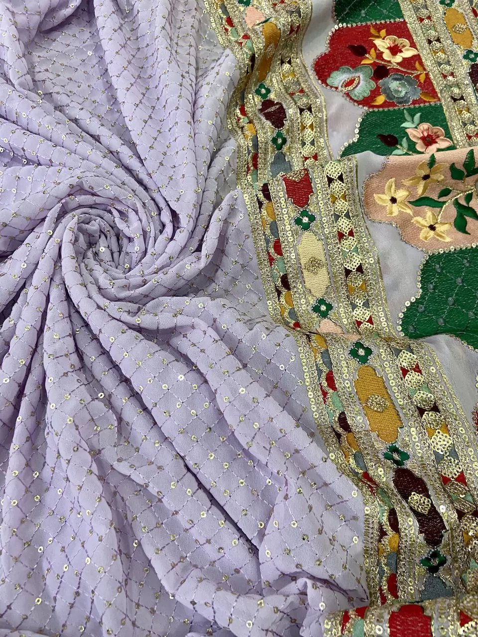 All Over Sequence With Heavy Multicolour Border On Lavender Georgette Fabric